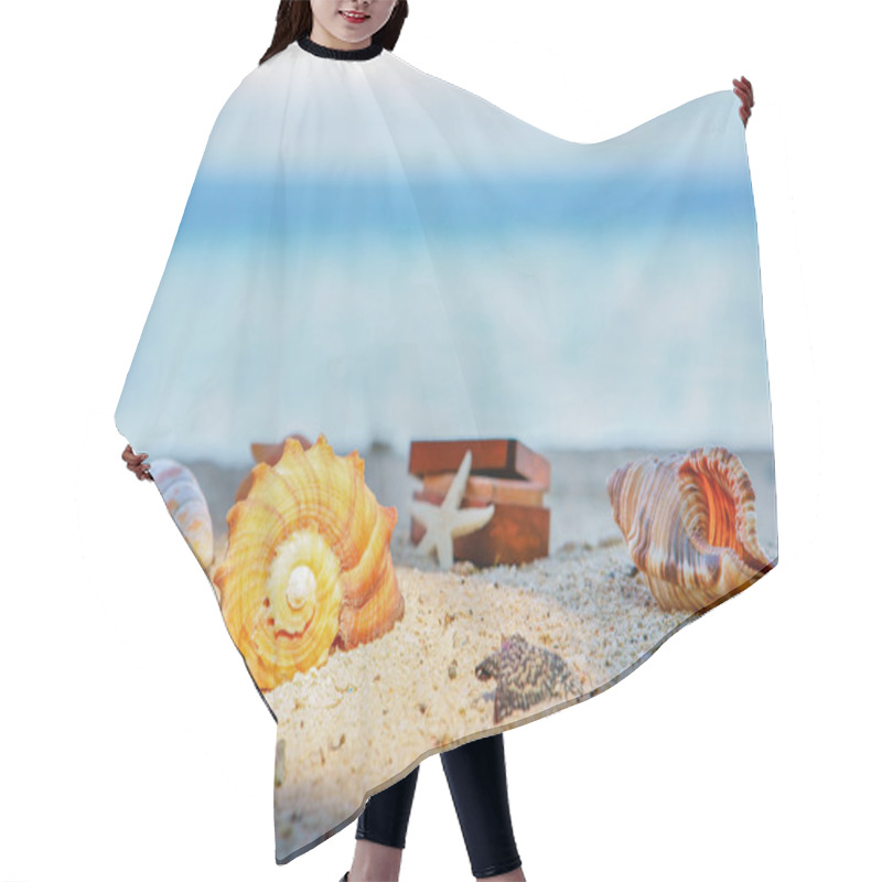 Personality  Various Beautifull Seashells Starfish And Chest Against The Tropical Blue Sea Hair Cutting Cape