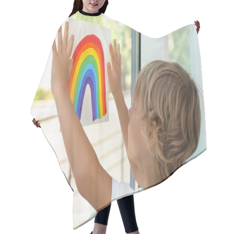 Personality  Little Boy Holding Rainbow Painting Near Window Indoors. Stay At Home Concept Hair Cutting Cape