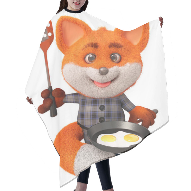 Personality  3d Illustration Funny Little Fox With A Frying Pan Hair Cutting Cape