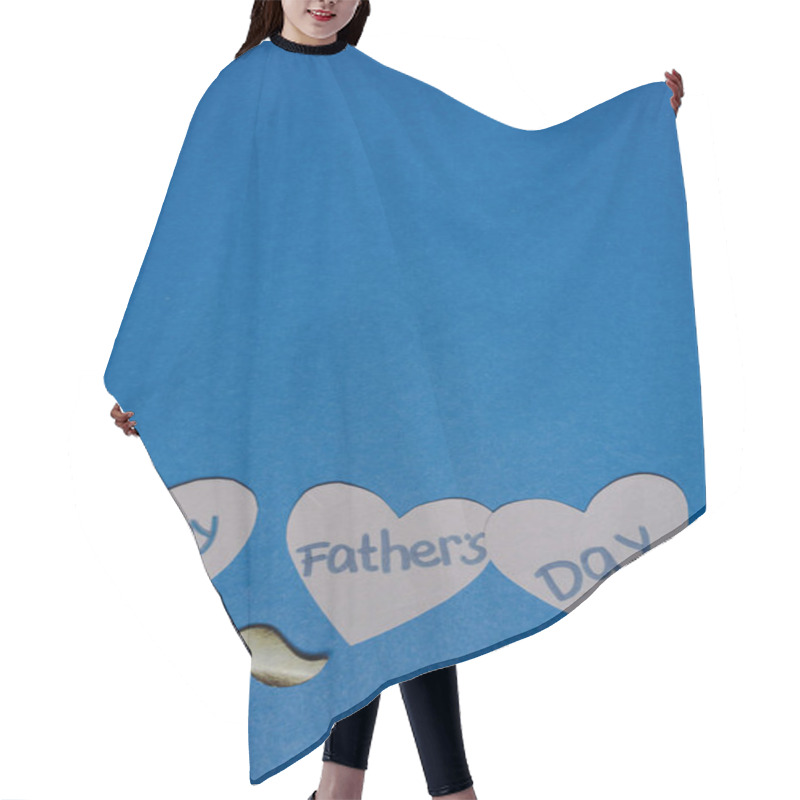 Personality  Top View Of Decorative Black Mustache And Paper Cutted Grey Hearts With Lettering Happy Fathers Day On Blue Background Hair Cutting Cape