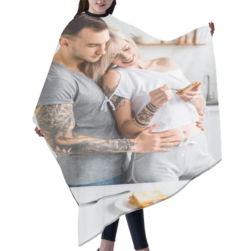 Personality  Handsome Tattooed Man Hugging Smiling Girlfriend With Toast Near Coffee Pot And Jams On Kitchen Table Hair Cutting Cape