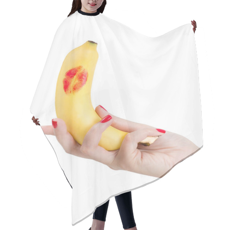 Personality  Sexy Hand With Red Nails Holding Banana With Red Lipstick. Hair Cutting Cape