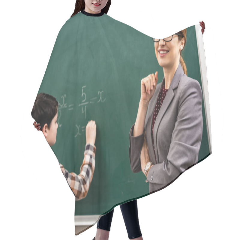 Personality  Pupil Writing On Blackboard With Chalk During Math Lesson  Hair Cutting Cape