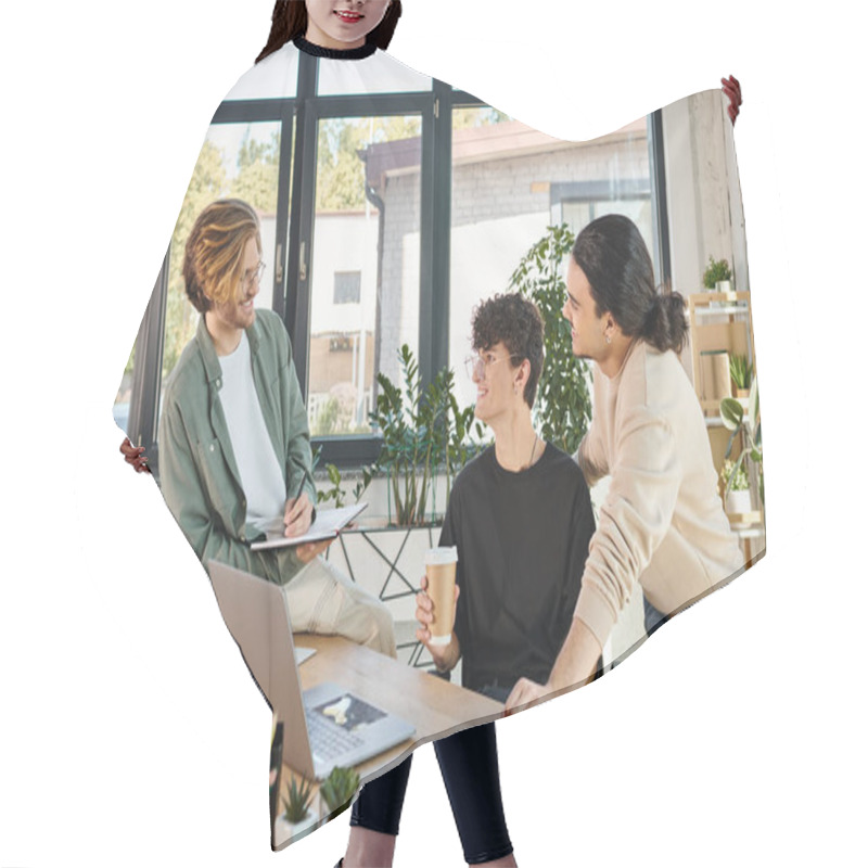 Personality  Happy Young Man With Coffee To Go Discussing Startup Project With His Male Colleagues, Teamwork Hair Cutting Cape