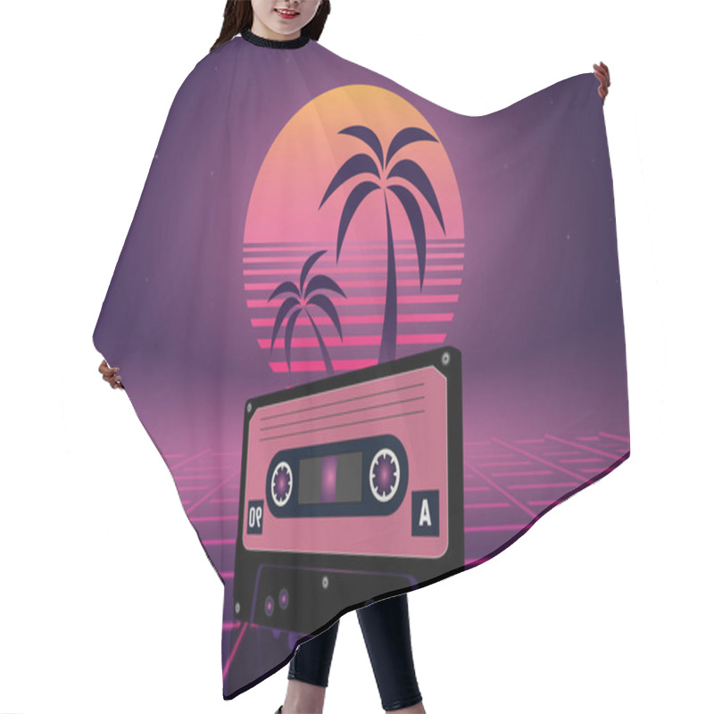 Personality   80s Retro Wave Neon Landscape With Cassette And Palm Trees. Vector Image Hair Cutting Cape