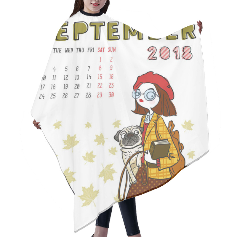 Personality  Calendar 2018, September Month. Season Girl With Dog . Vector Il Hair Cutting Cape