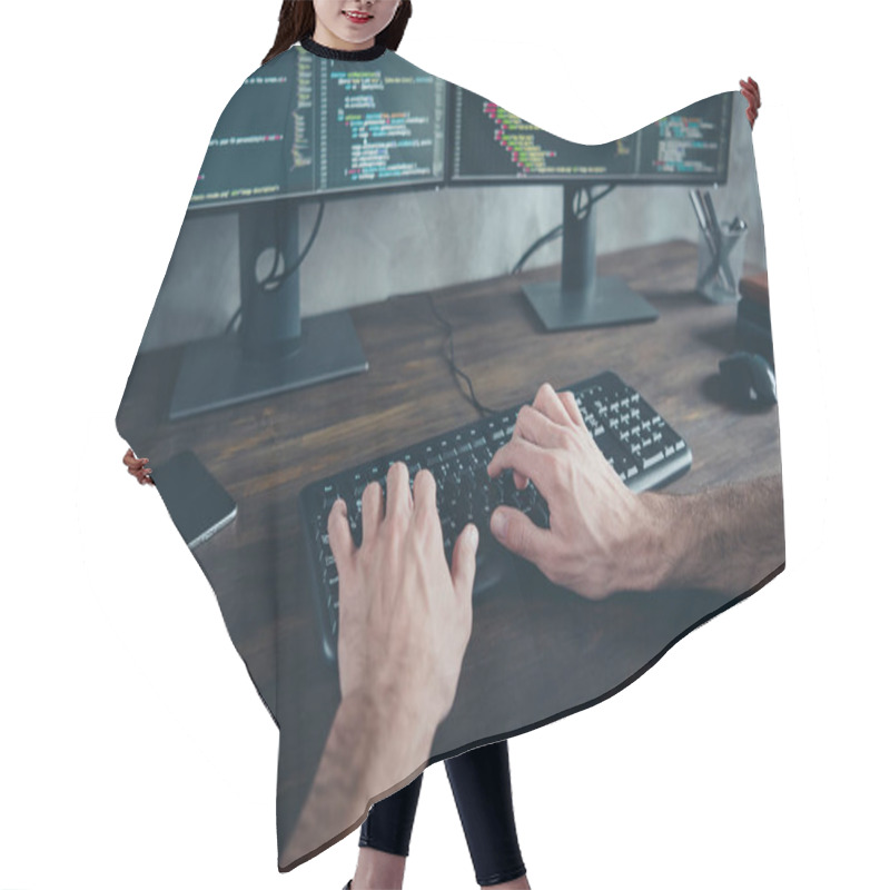 Personality  First Point View Cropped Photo Of Designer Guy Typing Start-up Project Web Content Development Sit Desk In Modern Loft Workspace Hair Cutting Cape