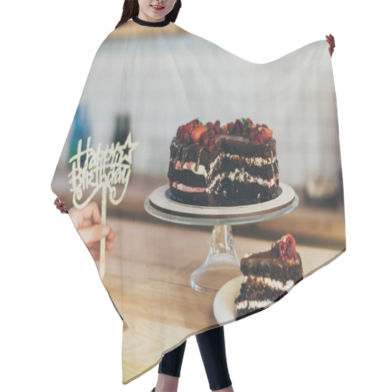 Personality  Woman Putting Happy Birthday Sign Hair Cutting Cape