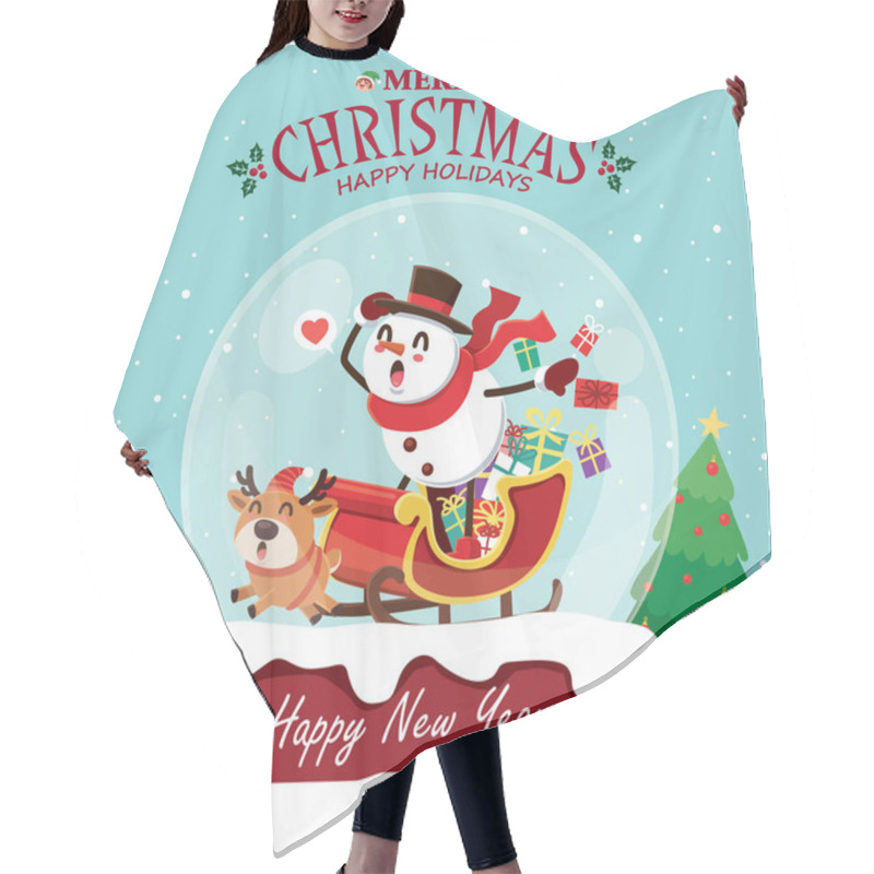 Personality  Vintage Christmas poster design with vector penguin, Snowman, Santa Claus, elf, reindeer characters. hair cutting cape