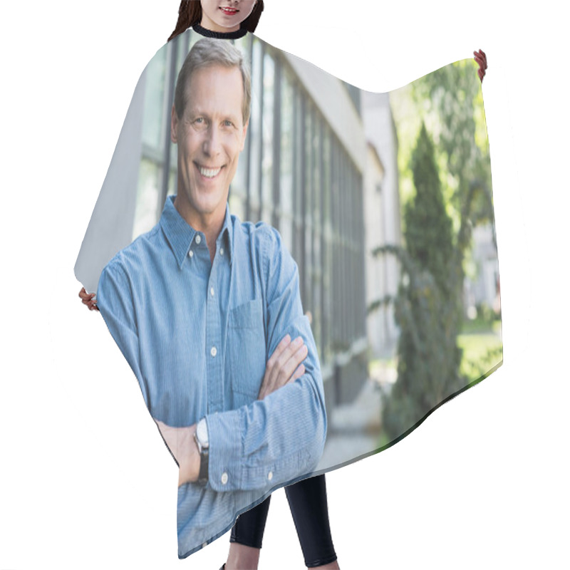 Personality  Cheerful Middle Aged Businessman Posing With Crossed Arms Near Office Building  Hair Cutting Cape