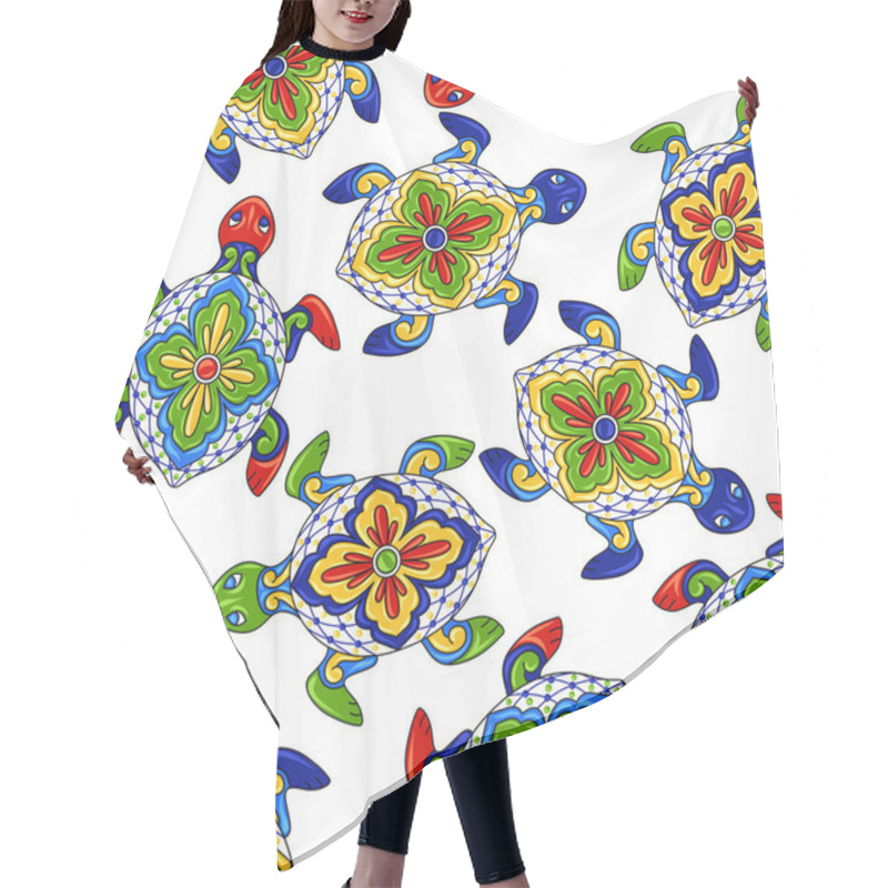 Personality  Mexican Seamless Pattern With Turtles. Traditional Decorative Objects. Talavera Ornamental Ceramic. Ethnic Folk Ornament. Hair Cutting Cape