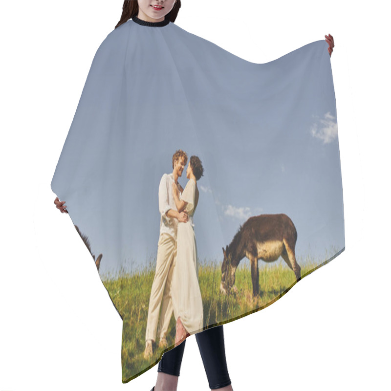 Personality  Happy Multiethnic Just Married Couple Embracing Near Grazing Donkeys, Idyllic Rural Setting Hair Cutting Cape