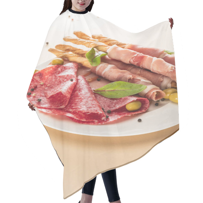 Personality  Delicious Meat Platter Served With Olives And Breadsticks On Plate On Beige Background Hair Cutting Cape