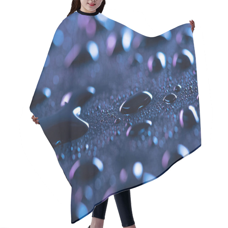 Personality  Close Up View Of Water Drops On Blue Surface As Background Hair Cutting Cape