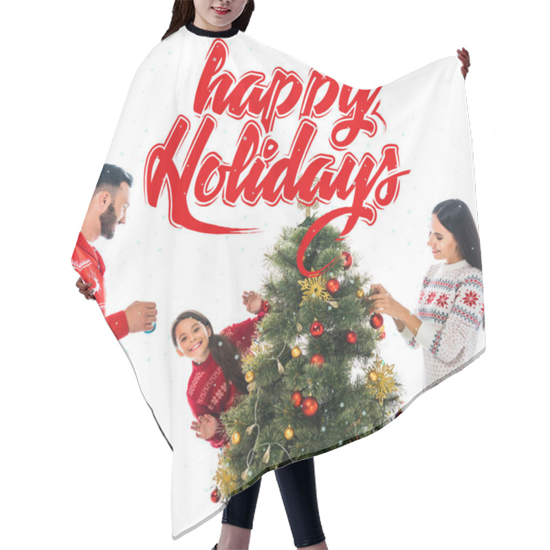 Personality  Happy Daughter Decorating Christmas Tree Near Parents Isolated On White With Happy Holidays Illustration Hair Cutting Cape