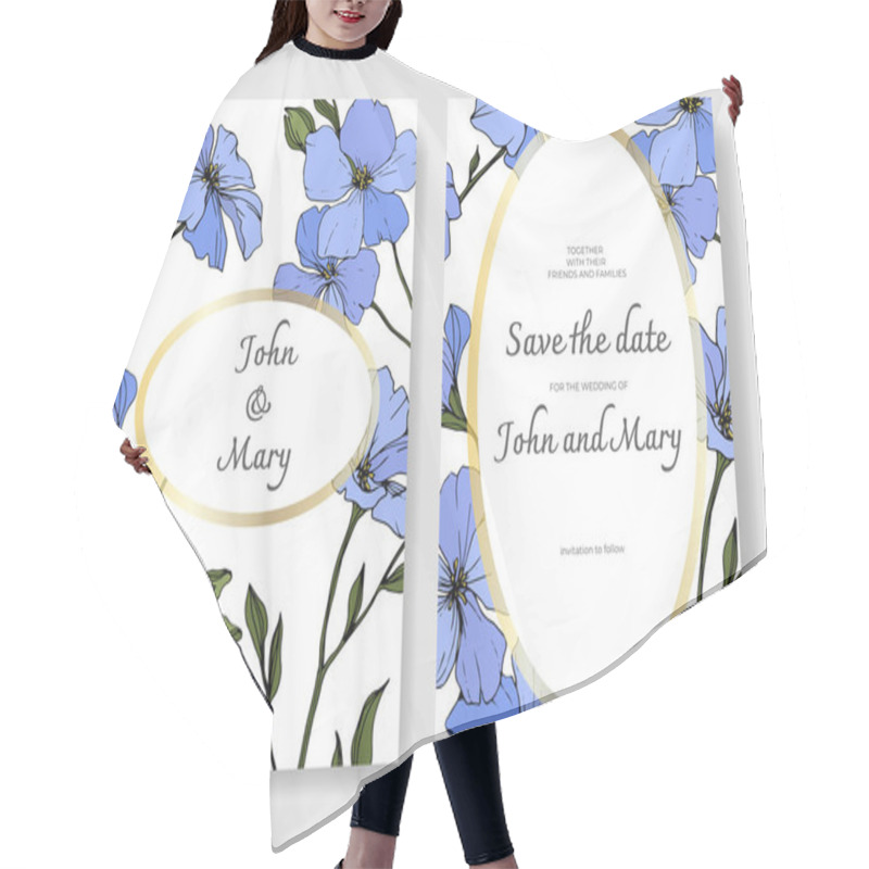 Personality  Vector. Blue Flax Flowers. Engraved Ink Art. Wedding Cards With Floral Decorative Borders. Thank You, Rsvp, Invitation Elegant Cards Illustration Graphic Set. Hair Cutting Cape