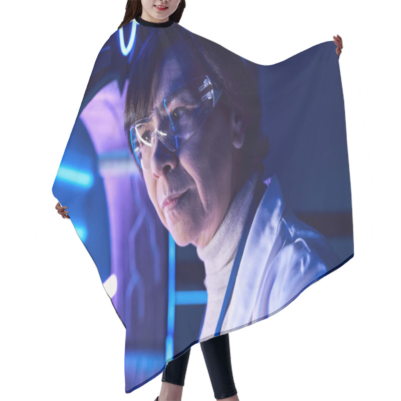 Personality  Portrait Of Middle Aged Woman Scientist In Goggles In Science Center, Forward-thinking Hair Cutting Cape