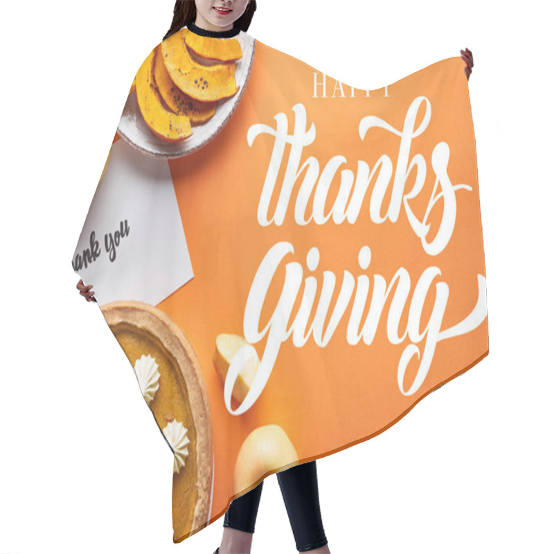 Personality  Top View Of Pumpkin Pie, Ripe Apples And Thank You Card On Orange Background With Happy Thanksgiving Illustration Hair Cutting Cape