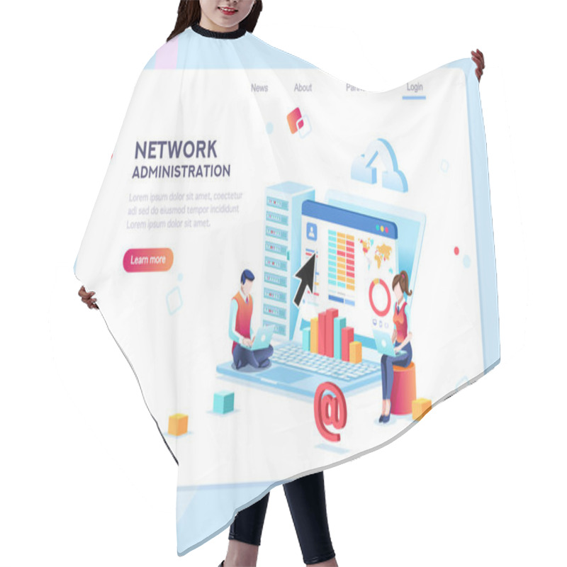 Personality  Data Center Repair Information, Administrator On Network, Lan Concept. Character Monitor And Support, Admin Of Website. Banner Infographic Icons Flat Isometric Emblem Flowchart Vector Illustration. Hair Cutting Cape