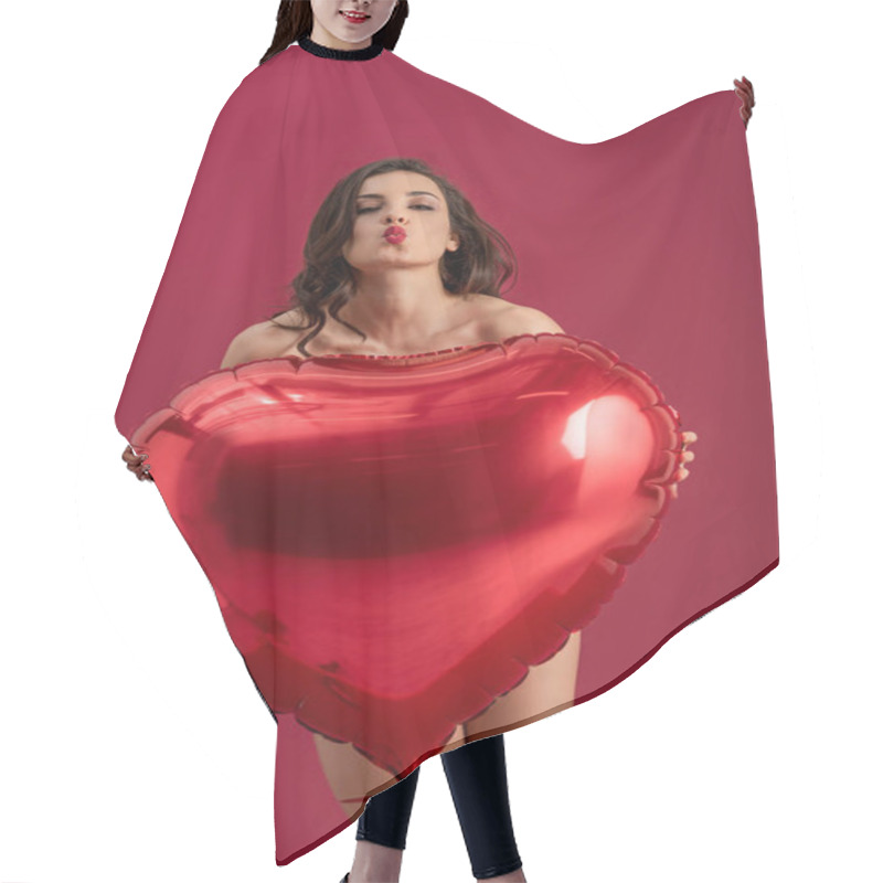 Personality  Sexy Girl Sending Air Kiss At Camera While Holding Large Heart-shaped Balloon Isolated On Red Hair Cutting Cape