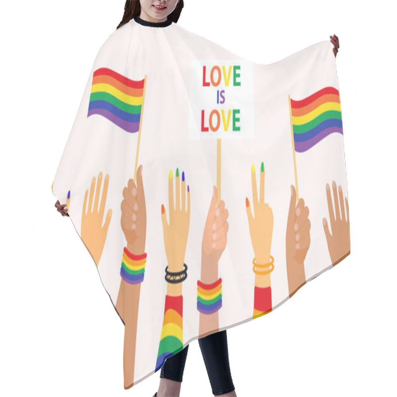 Personality  LGBT Pride Month Holiday, People Hold Signs, Banner And Placards With Lgbt Rainbow And Transgender Flag. Hands Up Gay Parade. Vector Illustration Hair Cutting Cape