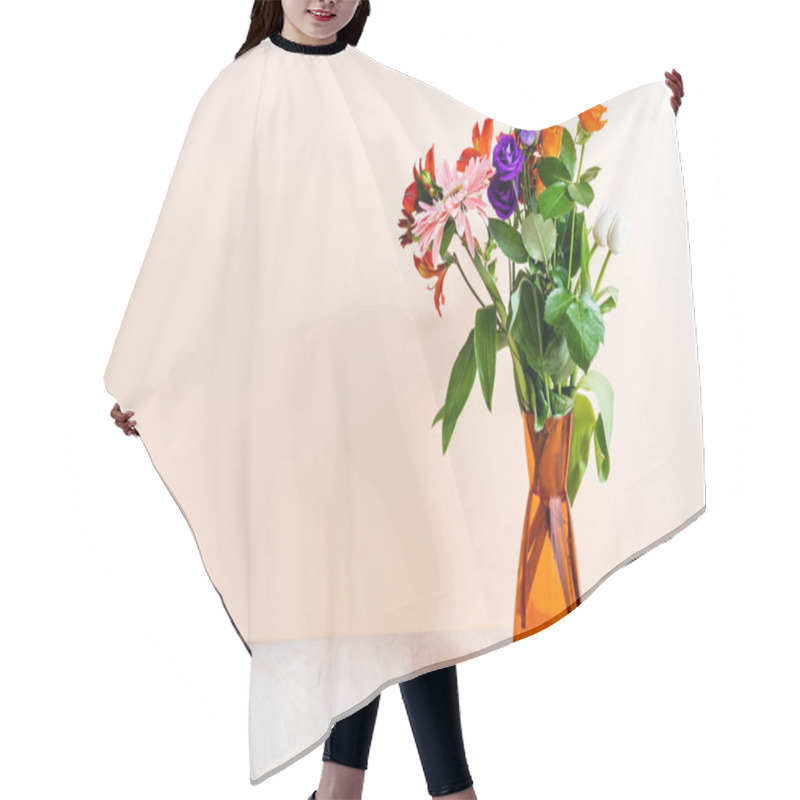 Personality  Floral Composition With Bouquet In Orange Vase On Wooden Surface On Beige Background Hair Cutting Cape