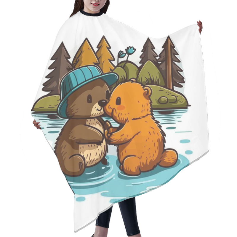 Personality  A Couple Of Cute Cartoon Beavers In The River Against The Background Of The Forest On A White Background Hair Cutting Cape