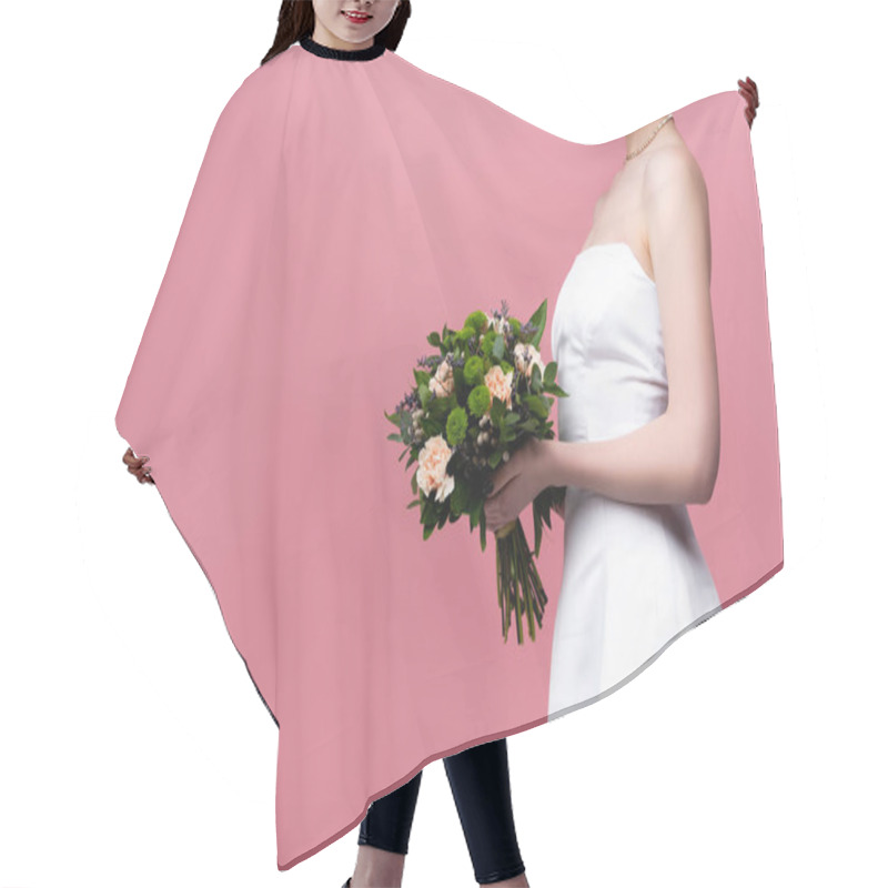 Personality  Cropped View Of Happy Bride In White Wedding Dress Holding Flowers Isolated On Pink  Hair Cutting Cape