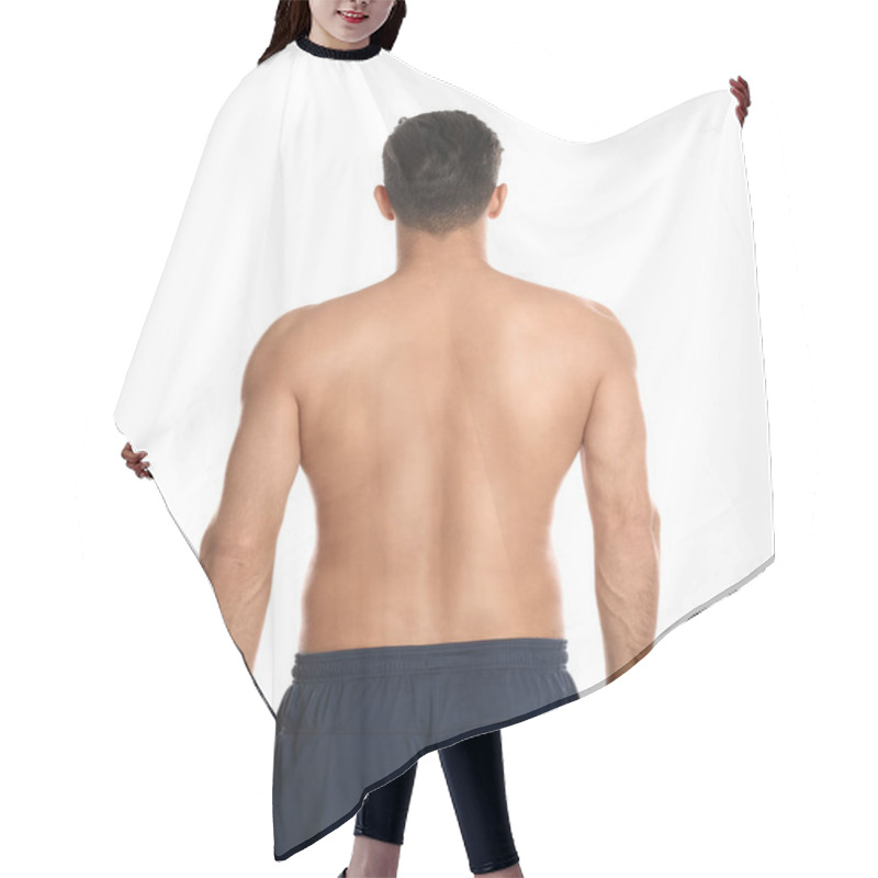 Personality  Man With Healthy Back On White Background. Visiting Orthopedist Hair Cutting Cape