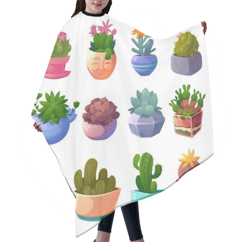 Personality  Set Cactus Home Plants In Flowerpots Icons Set Hair Cutting Cape