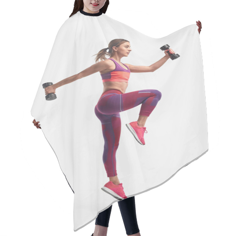 Personality  Athletic Woman Jumping With Dumbbells Hair Cutting Cape