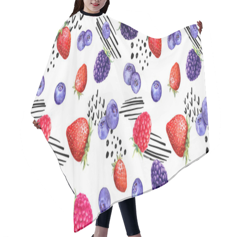 Personality  Mix Of Summer Fruits And Berries Raspberry, Strawberry, Blackberry, Blueberry . Seamless Food Pattern With Lines, Dots - Memphis Trendy Art. Watercolor Hair Cutting Cape