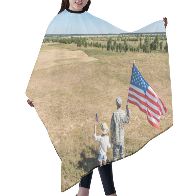 Personality  Back View Of Military Father And Patriotic Kid Holding American Flags  Hair Cutting Cape