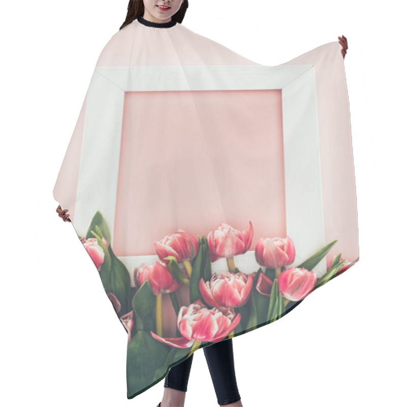 Personality  Bouquet Of Beautiful Pink Tulips With Green Leaves And Empty White Frame On Pink    Hair Cutting Cape