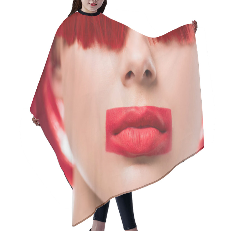 Personality  Cropped Image Of Woman With Red Hair And Red Lips In Shape Of Rectangle Isolated On White Hair Cutting Cape