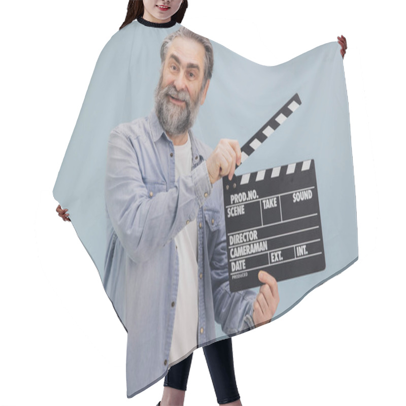 Personality  Cheerful Mature Film Director Holding Clapperboard, Ready To Start Filming A New Scene On A Movie Set Hair Cutting Cape