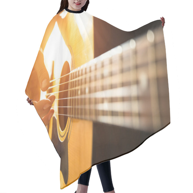 Personality  Hand Playing On Acoustic Guitar. Hair Cutting Cape