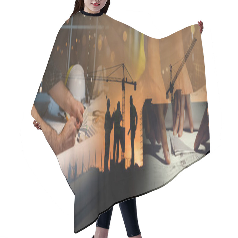 Personality  Double Exposure Of Civil Engineer Silhouette At Construction Site With Building Designer Working And Meeting At Night In Banner Site Hair Cutting Cape