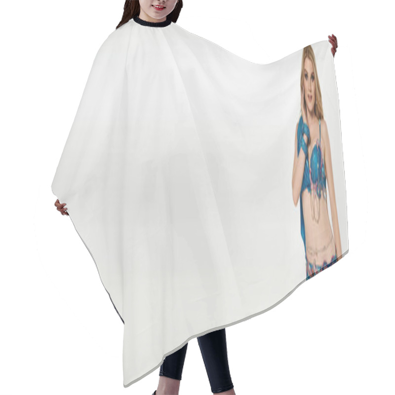 Personality  Woman In Captivating Blue Belly Dance Costume Performs With Grace. Hair Cutting Cape