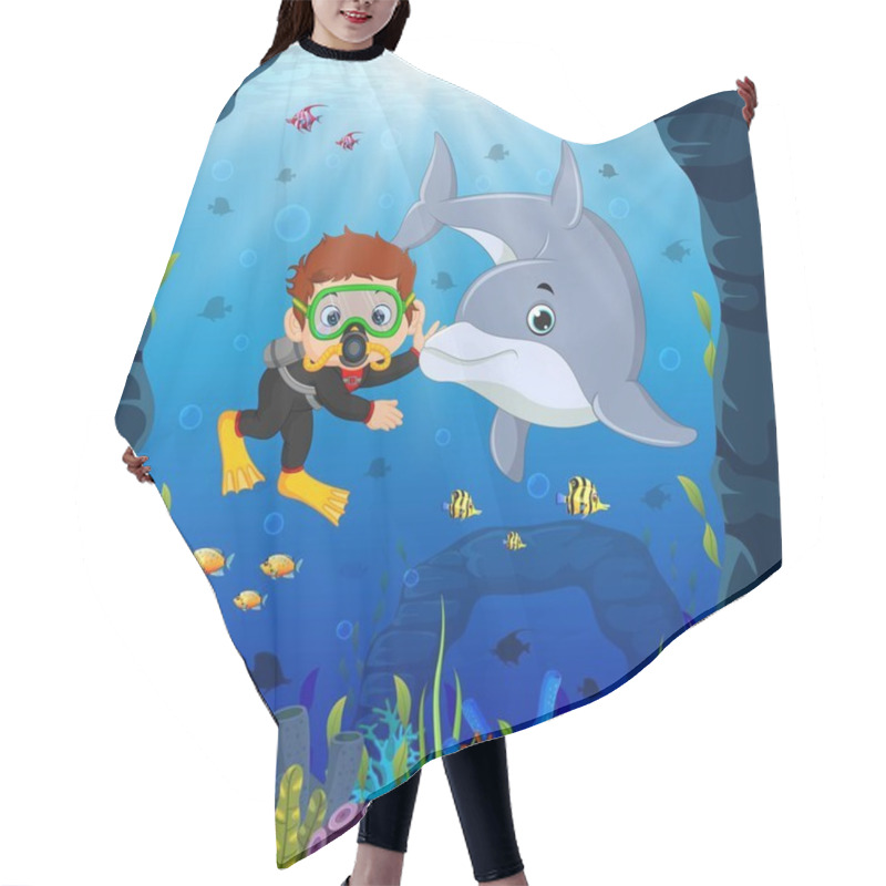 Personality  Cartoon Boy Diving In The Sea With Dolphin Hair Cutting Cape