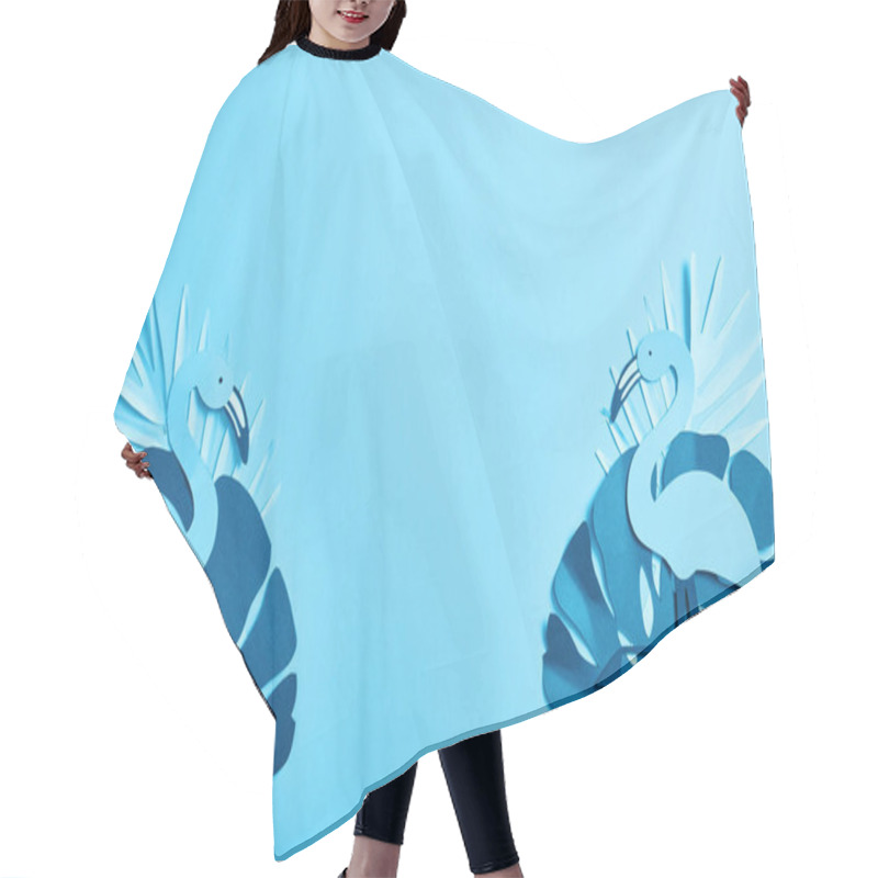 Personality  Top View Of Blue Exotic Paper Cut Palm Leaves And Flamingos On Blue Background With Copy Space Hair Cutting Cape