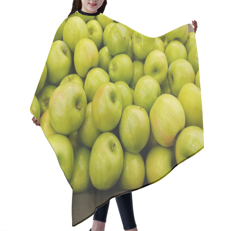 Personality  Ripe Granny Smith Apples Loosely Scattered In A Traditional Vegetable Market Display, Closeup Image. Hair Cutting Cape