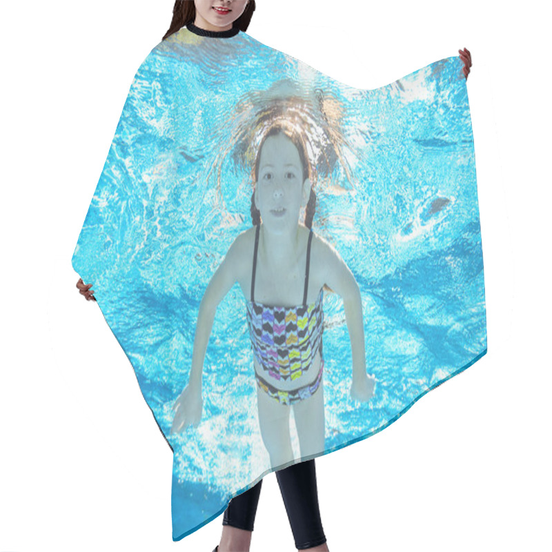 Personality  Child Swims In Pool Underwater, Happy Active Girl Has Fun In Water, Kid Sport On Family Vacation Hair Cutting Cape