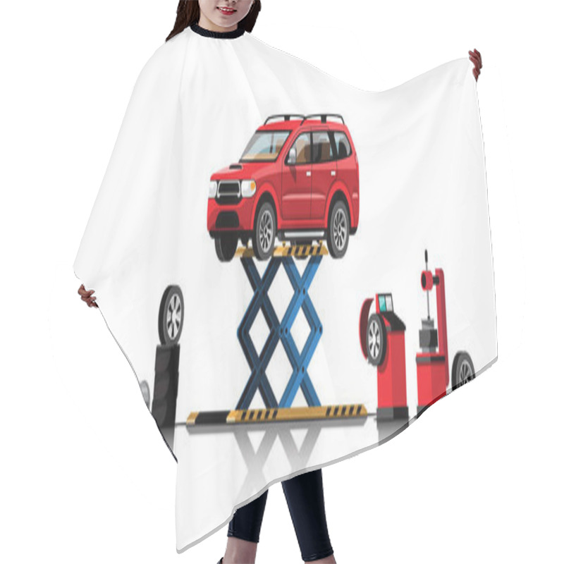 Personality  Automobile On Hoist For  Repair And Maintenance Service Concept Vector Illustration. Waiting For Checking And Repairing Cars In The Garage. Vector Illustration Flat Design Hair Cutting Cape