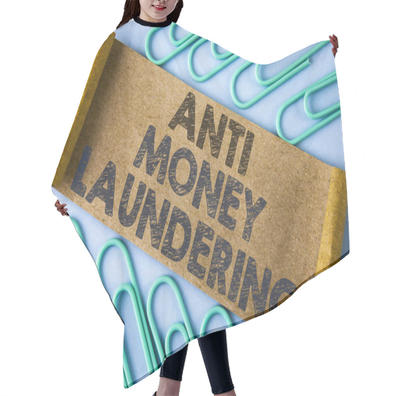 Personality  Text Sign Showing Anti Monay Laundring. Conceptual Photo Entering Projects To Get Away Dirty Money And Clean It Written On Folded Cardboard Paper Piece On Plain Blue Background Within Paper Pins. Hair Cutting Cape