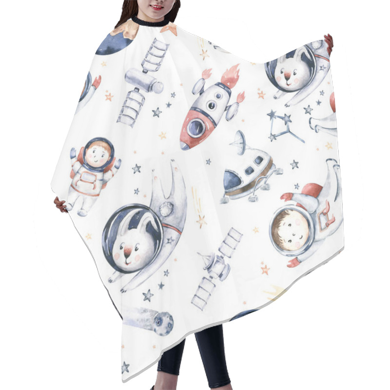 Personality  Astronaut Seamless Pattern. Universe Kids Baby Boy Girl Elephant, Fox Cat And Bunny, Space Suit, Cosmonaut Stars, Planet, Moon, Rocket And Shuttle Watercolor Space Ship Background. Hair Cutting Cape