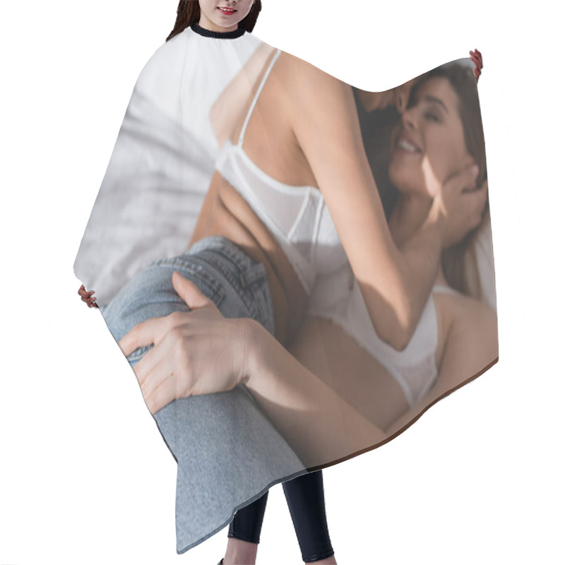 Personality  Blurred And Happy Lesbian Couple In White Bras And Jeans Hugging In Bedroom  Hair Cutting Cape