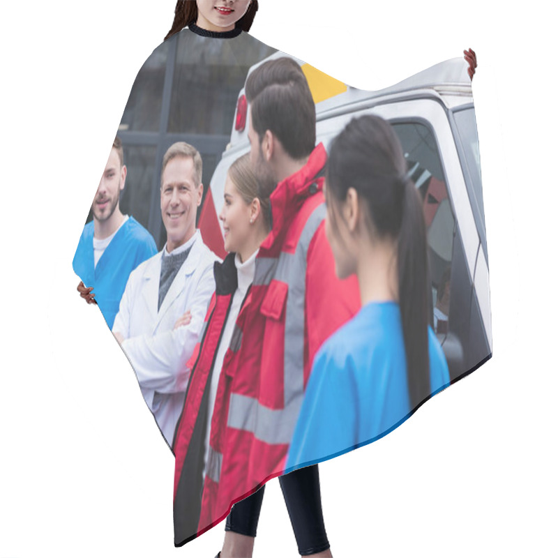 Personality  Paramedics Working Team Standing In Front Of Car And Looking At Each Other Hair Cutting Cape