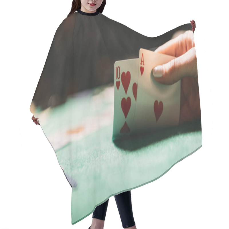 Personality  Cropped Image Of Woman Playing Poker And Holding Cards In Casino Hair Cutting Cape