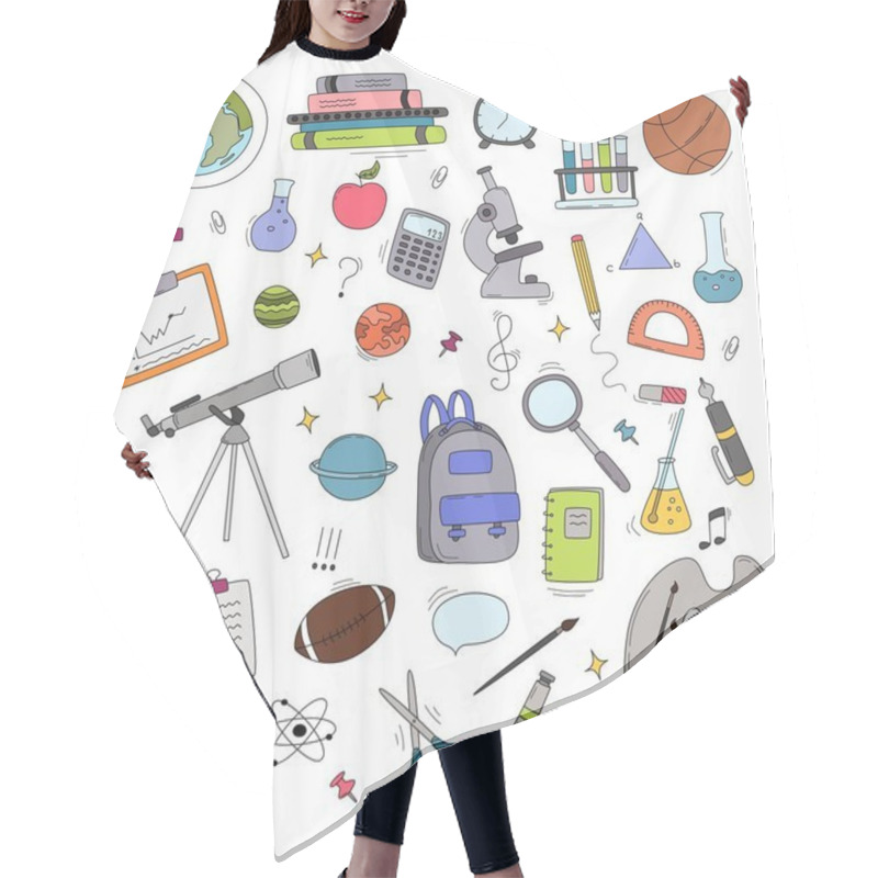 Personality  Back To School Doodle Set. Various School Stuff - Supplies For Sport, Art, Reading, Science, Geography, Biology, Physics, Mathematics, Astronomy, Chemistry. Vector Isolated Over White Background. Hair Cutting Cape